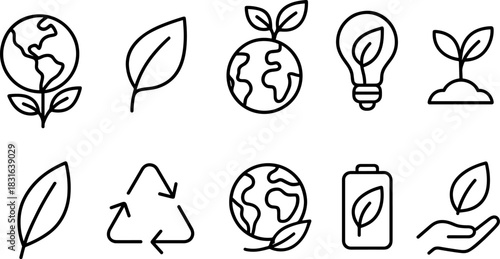 Eco icons set. Green earth, leaves, recycling, sustainability outline illustrations