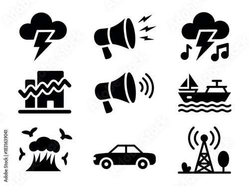 Icons representing various sources of sound and noise pollution.