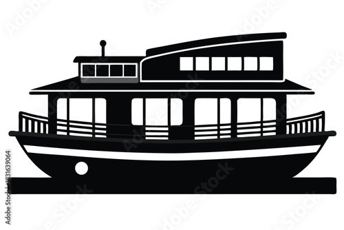 houseboat black and white silhouette on white background