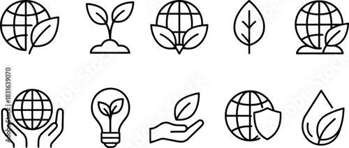 Eco icons set. Green earth, leaves, recycling, sustainability outline illustrations