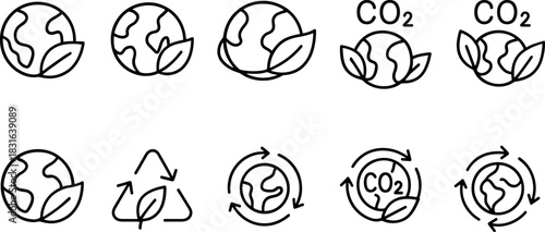 Eco icons set. Green earth, leaves, recycling, sustainability outline illustrations