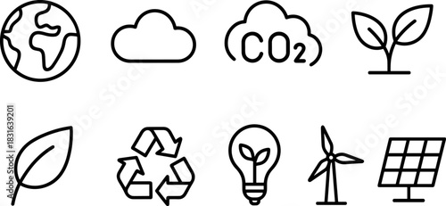 Eco icons set. Green earth, leaves, recycling, sustainability outline illustrations