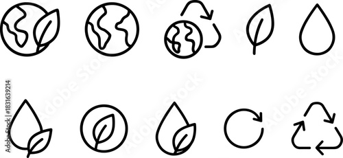 Eco icons set. Green earth, leaves, recycling, sustainability outline illustrations