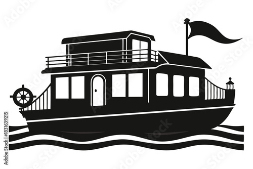 houseboat black and white silhouette on white background