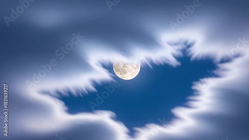 Full moon shining brightly through dynamic long exposure clouds in a mystical night sky for a cosmic wonder concept and serene dreamscape