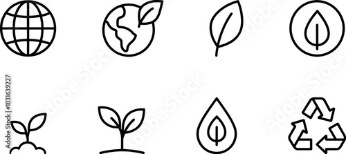 Eco icons set. Green earth, leaves, recycling, sustainability outline illustrations