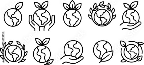 Eco icons set. Green earth, leaves, recycling, sustainability outline illustrations