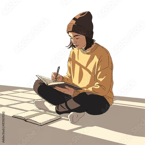 A young woman sits cross-legged on the floor, writing in a notebook with a pen, wearing a brown beanie and sweater, with scattered papers around her, in a room with natural light casting