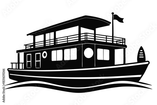 houseboat black and white silhouette on white background