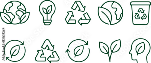 Eco icons set. Green earth, leaves, recycling, sustainability outline illustrations