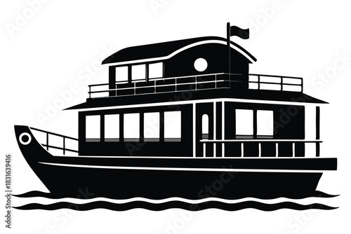 houseboat black and white silhouette on white background