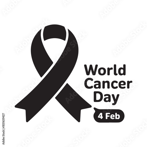 World cancer day black ribbon awareness symbol with date
