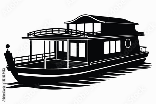 houseboat black and white silhouette on white background