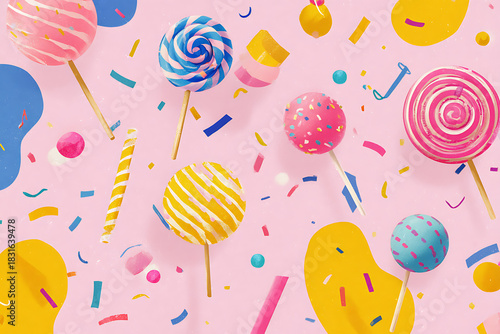 Colorful lollipops and confetti for vibrant celebrations, whimsical party decorations, sweet treat backgrounds, and fun festive designs for joyful occasions