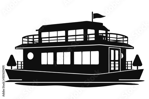 houseboat black and white silhouette on white background