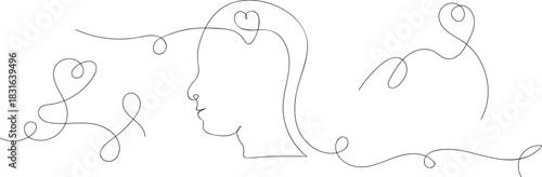Continuous one line drawing of head with heart inside. Single line drawing of human head with heart symbol inside. A minimalist continuous line art illustration depicting a human head with a heart
