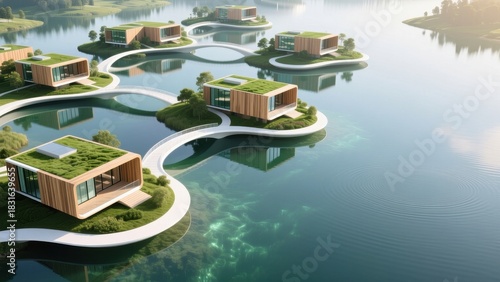 Fototapeta Naklejka Na Ścianę i Meble -  Futuristic sustainable wooden homes on floating islands in calm water