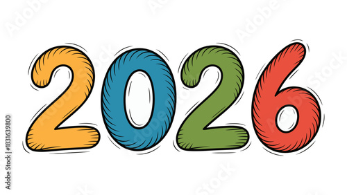 2026 Typography: A vibrant and colorful depiction of the year 2026, set against a simple backdrop, with each digit rendered in a unique hue and playful style.