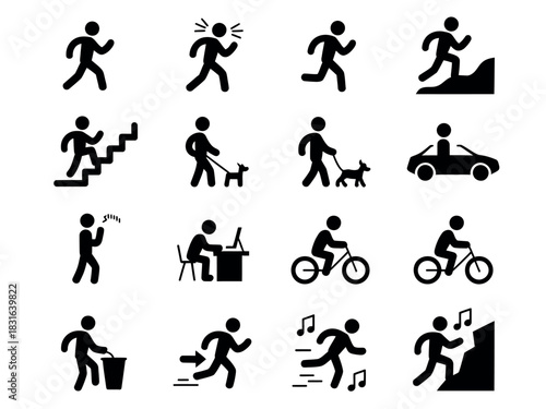 A collection of pictograms depicts various human activities and actions.