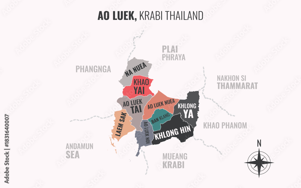 Naklejka premium Map showing Ao Luek District Krabi Thailand divided into sub-districts with minimalist colorful patterns