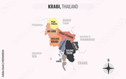 A map showing Krabi Thailand divided into districts in a minimalist colorful style