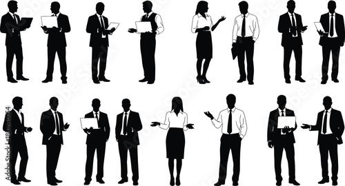 Silhouette business people men and women in suits with laptops and briefcases vector illustration