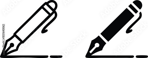 Fountain Pen Writing Icon (Outline and Solid), Writing Pen Icon, Ink Pen Outline and Glyph, Fountain Pen Icon Set, silhouette, vector, illustration.