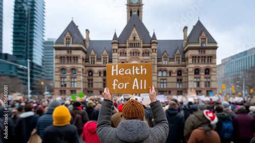 Group of demonstrators holding signs advocating health for all in front of a historic city hall. Overcast sky adds weight to the moment. Concept of activism, public health, community engagement