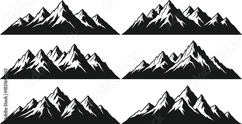 Six black and white stylized mountain ranges with sharp peaks and snowy slopes mountains summit