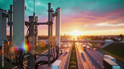 Telecommunications antenna tower mounted above busy highway at sunset. Wireless network infrastructure equipment overlooks urban traffic and city skyline. Modern cellular communication technology