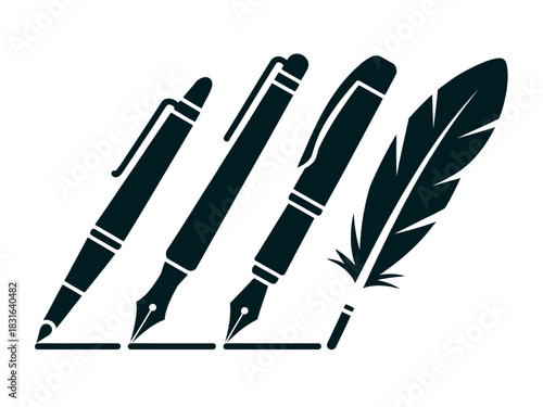 A progression of writing instruments from a ballpoint pen to a quill.