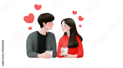 Couple's Serenade: A tender moment unfolds as a couple, bathed in the soft glow of affection, share coffee, their hearts intertwined amidst floating symbols of love.
