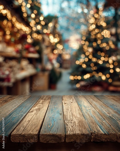 A cozy Christmas scene with a wooden table, decorated trees, pine cones, and twinkling lights.