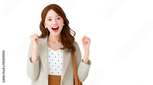 Excited Woman's Success Celebration: Capturing a moment of sheer delight and victory. A woman beams with happiness, celebrating success with her arms raised, expressing pure joy and satisfaction.