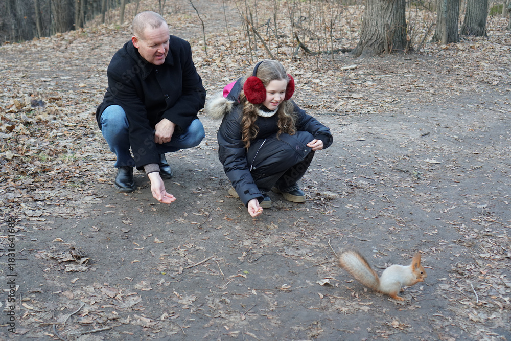 Fototapeta premium Father and daughter feeding a squirrel in a park during autumn