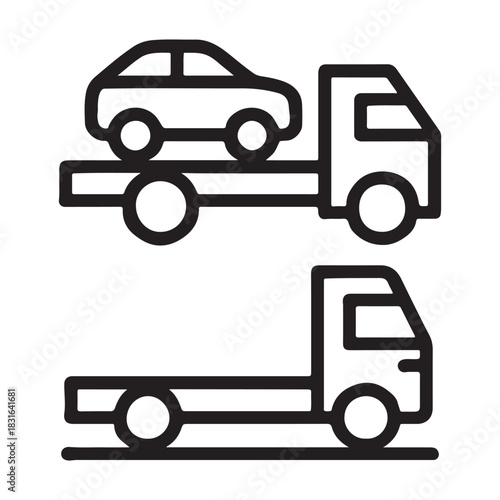 Line icon set of a car carrier tow truck, showing both an empty flatbed and one transporting a vehicle. Represents vehicle recovery, roadside assistance, emergency services, and auto transport