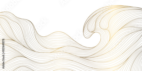 Abstract Japanese wave pattern background, elegant gold lines, geometric shapes, vintage oriental texture. Vector illustration flow water, ocean curves, luxury Asian design