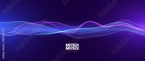 Music Sound Wave Technology Digital Lines Flow Background. Science Research, AI Artificial Intelligence Voice and Big Data Presentation. Futuristic Abstract Vector Illustration.
