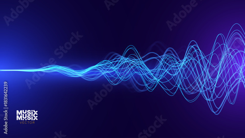Music Sound Wave Technology Digital Lines Flow Background. Science Research, AI Artificial Intelligence Voice and Big Data Presentation. Futuristic Abstract Vector Illustration.
