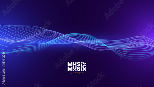 Music Sound Wave Technology Digital Lines Flow Background. Science Research, AI Artificial Intelligence Voice and Big Data Presentation. Futuristic Abstract Vector Illustration.
