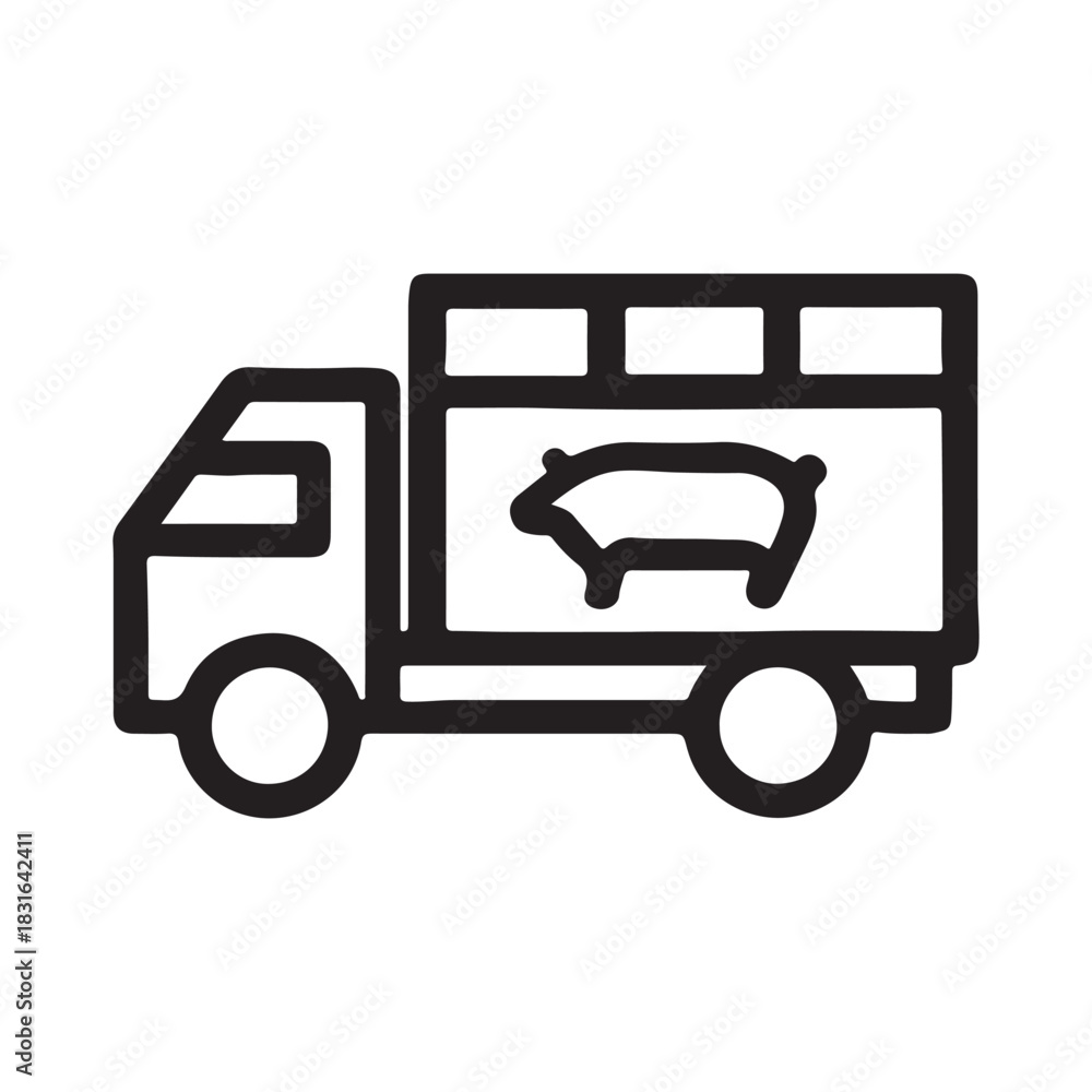 Fototapeta premium Simple line art icon of a livestock transport truck carrying a pig. This vector graphic symbolizes the meat industry, farm animal transportation, pork delivery, and agricultural logistics concept