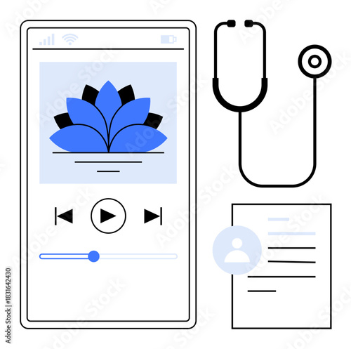 Smartphone displaying meditation app with play controls, stethoscope for health, patient file for info. Ideal for wellness, healthcare, telemedicine, self-care, technology, mindfulness integration