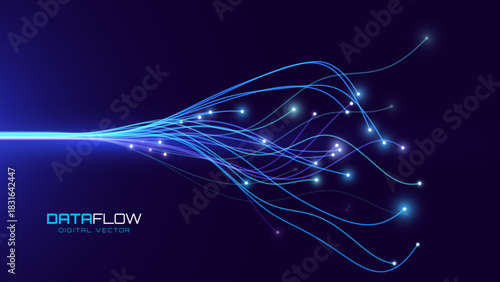 Neural Network Data Lines Flowing in Abstract Digital Space. AI Neuron Connections Showing Synergy and Communication on Futuristic Background. Vector Illustration.