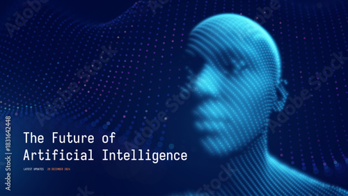 3D Digital Face Scanning AI Head With Futuristic Human-Like Form. Artificial Intelligence, ID Recognition, And Robot Technology Concept. Vector Illustration.