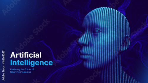 3D Digital Face Scanning AI Head With Futuristic Human-Like Form. Artificial Intelligence, ID Recognition, And Robot Technology Concept. Vector Illustration.