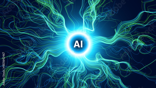 Glowing Abstract Neural Network With AI Core, Simulating Digital Brain Connections And Technology Flow On Dark Background. Futuristic Concept. Vector Illustration.