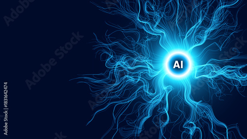 Glowing Abstract Neural Network With AI Core, Simulating Digital Brain Connections And Technology Flow On Dark Background. Futuristic Concept. Vector Illustration.