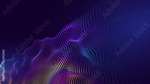 Colorful Abstract Dotted Wave Background With Glowing Particles And Flowing Lines On Dark Gradient. Futuristic Digital Technology Effect. Vector Illustration.