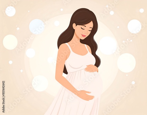 A beautiful cartoon illustration of a pregnant woman in a flowing white dress