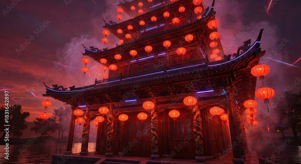 Fototapeta premium Classic Chinese Pagoda with Red Lanterns and Mysterious Fog at Night